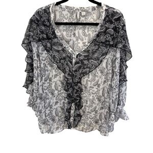 Cato Plus Size Black White Paisley Ruffle Front Sleeve Button Front Top 18 20W